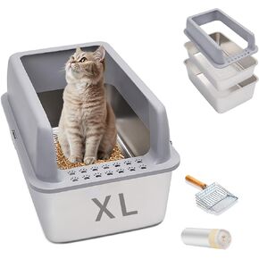 Stainless Steel Sifting Cat Litter Box with Lid, XL High-Sided, Anti-Leakage, Easy Clean, 23.6" L x 15.9" W x 14" H Includes Scoop & Liner, Ideal for Big Cats & Pine Pellets