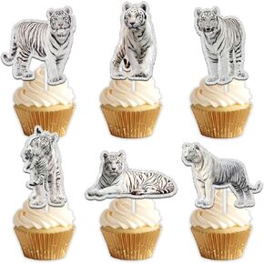 18pcs White Glitter Tiger Dessert Cupcake Topper Pick for King of Animals Theme Decor Supplies Baby Shower Wedding Anniversary Happy Birthday Party Decoration