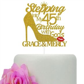 Stepping Into My 45th Birthday With God's Grace & Mercy Cake Topper, Happy 45th Birthday Cake Decor, 45 Years Old Party Decorations for Women Gold & Red Glitter
