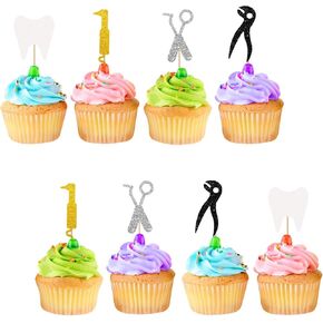 24pcs Dentist Cupcake Toppers, Congrats Dentist Cake Decor, White&Gold Glitter Cake Decorations for Dental Graduation, Tooth Fairy Day Theme Party Supplies