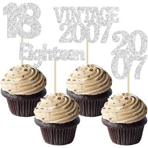 Gyufise 24Pcs 18th Birthday Cupcake Toppers Glitter Eighteen Vintage 2007 Adultish 18 Cupcake Picks Hello 18 Years Birthday Cake Decorations for Happy 18th Birthday Anniversary Party Supplies Black