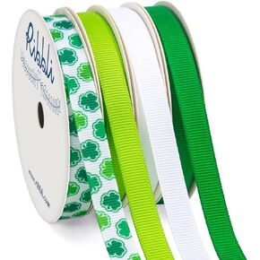 Ribbli 4 Rolls Shamrock Ribbon,St Patricks Day Grosgrain Ribbon Use for Hair Bows,Wreath, Gift Wrapping,Party Decoration,3/8-Inch Total 40 Yards, Green White Ribbon