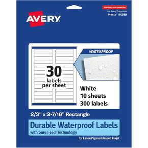 Avery Durable Waterproof Rectangle Labels with Sure Feed, 2/3" x 3-7/16", 750 Oil and Tear-Resistant Waterproof Labels, Laser/Pigment-Based Inkjet Printable Labels