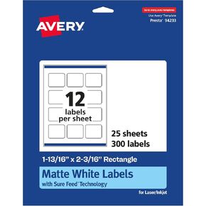 Avery Matte White Rectangle Labels with Sure Feed, 1-13/16" x 2-3/16", 300 Matte White Printable Labels
