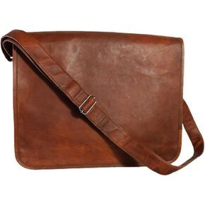 Leather Flap Messenger Laptop Bag Padded Compartment Padded Back Round Satchel
