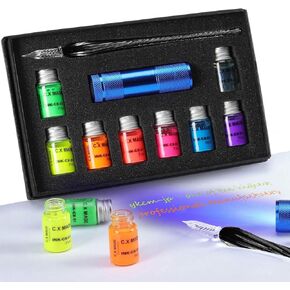 ESSSHOP Glass Dipped Pen Calligraphy Set - 7 Colorful Inks with Fluorescent & Invisible Ink Dip Pen Kit for Writing Signing Drawing Calligraphy Decoration Christmas Day Gifts for Kids