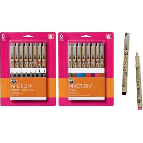 SAKURA Pigma Micron Fineliner Pens 2 Pack - For Writing, Drawing, or Journaling - Assorted Point Sizes - 8 Black Ink & 8 Colored Ink Micron Pens