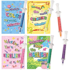 32Pcs Kids Valentines Day Gifts for Classroom - Valentine Cards with Syringe Shape Highlighter Novelty Toys for Boys Girls Exchange Gifts, Party Favor Prizes, Valentine’s Greeting Gifts
