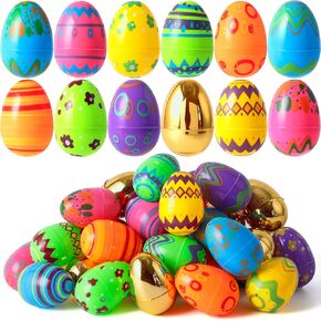 JOYIN 36 Pcs 3.15" Colorful Printed Eggs Include 8 Golden, Plastic Fillable Empty Eggs for Easter Hunt, Basket Stuffer Filler, Classroom Prize, Party Favors