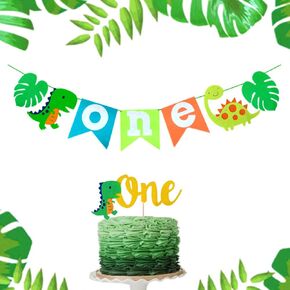 LaVenty Set of 2 Dinosaur First Birthday Banners & Cake Toppers - Dinosaur Themed Party Decoration Pack - Gold