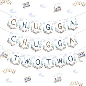 Cheereveal Chugga Chugga Two Two Birthday Banner, Train 2nd Birthday Garland, Choo Choo I’m Two Bunting Sign, Railroad Steam Second Bday Party Decorations