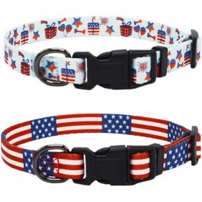 2 Pack American Flag Dog Collar Adjustable Plastic Clip US Flag Pet Collars 4th of July Holiday Collar Large,Blue,Red