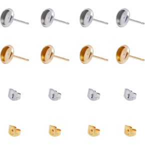 UNICRAFTALE 6mm About 40pcs Round Bezel Earring Blanks with Ear Nuts 0.8mm Pin Golden and Stainless Steel Color Earring Bezel Stainless Steel Stud Earring for Earring Jewelry Making