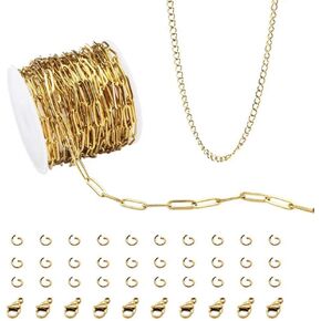 16.4 Feet 18K Gold Plated Stainless Steel Paperclip Chain DIY Jewelry Making Kit for Adults & Teens, Unisex, Gold, Life-Size, Not Foldable