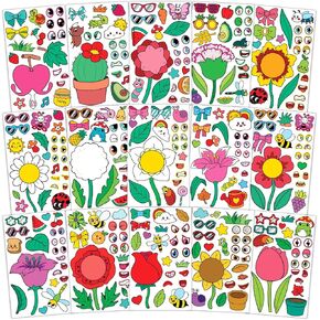15 Sheets Make Your Own Flower Stickers for Girls Kids Toddlers Create a Face Sticker Set Large Print Decal Pack Custom Waterproof Decals Birthday Gifts Craft Paper Decoration