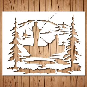 Lake Fishing Scene Stencil | Reusable Nature Lake Fishing Stencils for Painting on Wood, Glass, Wall, Rock, Walls, Canvas, Glassware, Spray Painting, Airbrushing | Fisherman Stencil (8.5"x 11")