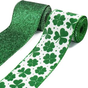 2 Rolls St. Patrick's Day Ribbons for Crafting, Lucky Shamrock Wired Edge Ribbon Green White Burlap Ribbon Bow Irish Clovers Wired Ribbons for Saint Patrick's Day Sewing DIY Crafts Supplies