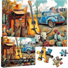 PICKFORU Cactus Plant Puzzles for Adults 1000 Pieces, Cowboy Deserts Jigsaw Puzzles 1000 Pieces Western Art, Vintage Guitar Truck Puzzles as Cactus Wall Decor