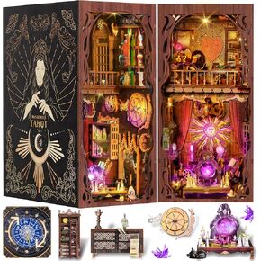 DIY Book Nook Kit, 3D Wooden Puzzle Booknook, Bookshelf Miniature House Kit Dollhouse, Tarot Divination Test, with LED Light, Dust Cover, Gift for Adults Teens (Mysterious Tarot)