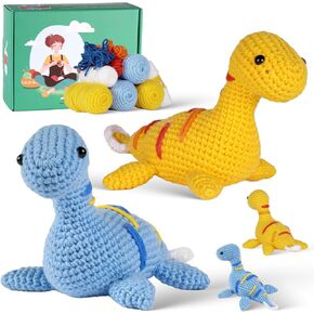 Howie's Needepoint Crochet Kits ، 2PCS Crochet Kit للمبتدئين البالغين مع تعليمات خطوة بخطوة ودروس في الفيديو ، مجموعات الكروشيه Amigurumi (الديناصورات الزرقاء والأصفر)