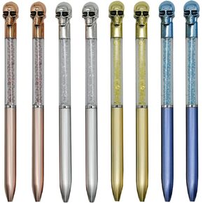 Maydahui 12 PCS Halloween Pen Skull Heads Shape Ballpoint Pens Retractable Bling Rhinestones Pen Colorful Crystal Quicksand Pens Black Ink for School Party Home