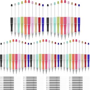 Plastic Beadable Pen Bead Ballpoint Pen Assorted Bead Pen Shaft Black Ink Rollerball Pen with Extra Refills for Teens Students School Office Supplies, 10 Colors (50 Pieces)