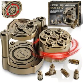 Metal Dice Set for DND, 7 Piece Polyhedral Bullet Dice with Spinning Revolver Cylinder Case, Fidget Toy for Stress Relief, Cyberpunk Style Tabletop RPG Dice for Warhammer 40K, Silver