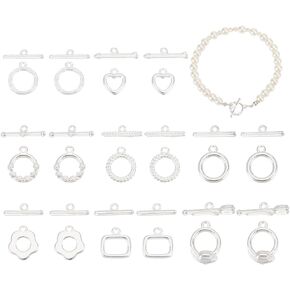 PH PandaHall 8 Styles 925 Sterling Silver Toggle Clasps 16pcs T-bar Closure Clasps OT Clasps Jewelry Fastener Clasps Ring Flower Heart Toggle Connector for Necklace Jewelry Making Handmade Crafts