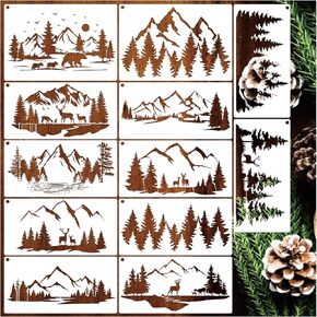12 Pieces Mountain Stencils Pine Tree Stencils for Painting on Wood Reusable Forest Deer Bear Drawing Templates for Wood Burning Furniture Wall Fabric Window Crafts (12 Mountain)