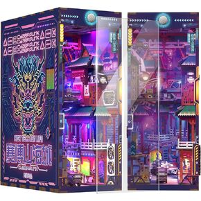 Tonecheer DIY Book Nook Kit for Adults, Wooden 3D Puzzle Bookend Bookshelf Insert Decor, Cyber Punk Booknook Miniature House Kit with Dust Cover and Body Motion Sensor LED (Cyber City)