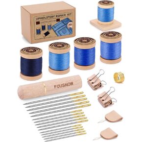 FOUSNOW Upholstery Repair Kit, Sewing Kit with Blue Sewing Threads, Professional Heavy Duty Sewing Kit for Home Repair Sewing Denim Clothes, Denim Bags, Jacket, Shoes, Wallets Crafts