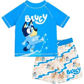 Bluey UPF 50+ Pullover Rash Guard Swim Trunks Outfit Set Infant to Little Kid Sizes (12 Months - 7-8)