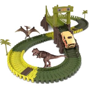 NKOK WowWorld Dino Safari Track Set 160-PC, Off-Road Vehicle Drives with The Push of a Button, Dinosaurs and Trees, Customize with 7 feet of Track, Obstacles and a Bridge, Great Gift, Multicolor