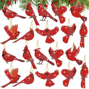 Skylety 20 Pcs Christmas Diamond Painting Ornaments Tags DIY Xmas Red Cardinal 5d Diamond Bird Art Painting Key Chain for Christmas Tree Hanging Handcraft Gift Wrap Tags for Holiday Party Decor