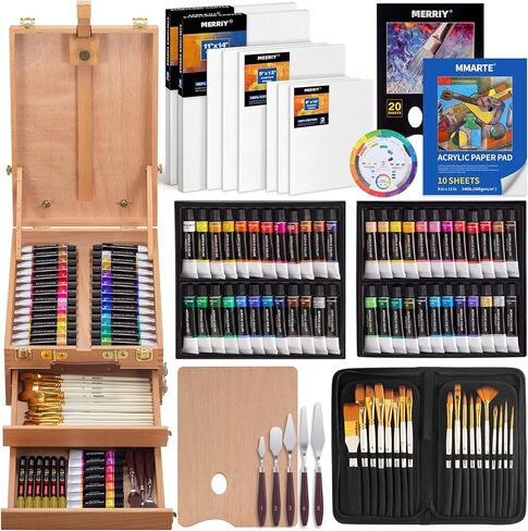 MERRIY Artist Acrylic Paint Set, Painting Supplies Kit with Tabletop Sketch Box Easel, 12 Colors Acrylic Paints,10"x 12" Stretched Canvas,Premium Acrylic Painting Set for Artist Adults, Beginners in Saudi Arabia