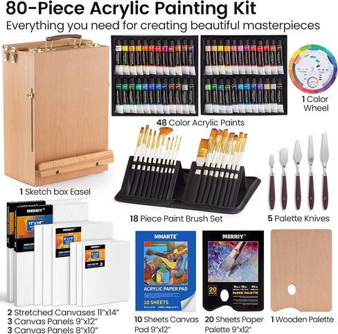 MERRIY Artist Acrylic Paint Set, Painting Supplies Kit with Tabletop Sketch Box Easel, 12 Colors Acrylic Paints,10"x 12" Stretched Canvas,Premium Acrylic Painting Set for Artist Adults, Beginners in Saudi Arabia