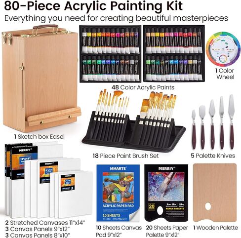 MERRIY Artist Acrylic Paint Set, Painting Supplies Kit with Tabletop Sketch Box Easel, 12 Colors Acrylic Paints,10"x 12" Stretched Canvas,Premium Acrylic Painting Set for Artist Adults, Beginners in Saudi Arabia