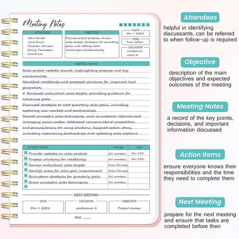 Meeting Notebook for Work - دفتر منظم العمل مع عناصر الإجراء ، دفتر ملاحظات لقضاء الملاحظات ، أخذ 7.5 "x10" مخطط المشروع للرجال والنساء ، الأسود in Saudi Arabia