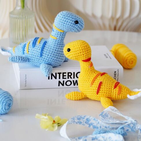 Howie's Needepoint Crochet Kits, 2pcs Crochet Kit for Beginners Adults with Step-by-Step Instructions and Video Tutorials, Amigurumi Crochet Kits (Blue and Yellow Dinosaurs) in Kuwait