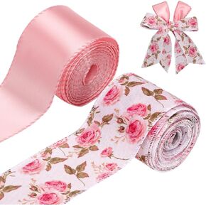 2 Rolls Floral Wired Ribbons, 2.5 Inch x 10 Yards Satin Ribbon Spring Summer Flower Decorative Burlap Ribbon for Gift Wrapping Wreaths Bow Craft Wedding Birthday Bouquets Decor (Pink)