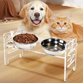 Acrylic Elevated Dog Bowls Stand 6 Height Options, Adjustable Raised Cats Bowls Stand with 2 Thick 18 oz Stainless Steel Bowls, Durable Dog Feeder Bowls for Small Dogs Cats Gift