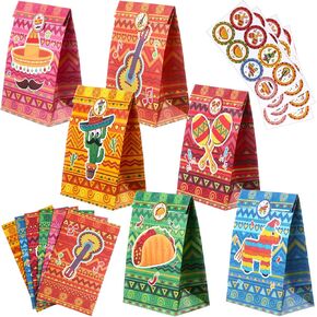 Geyee 24 Pcs Mexican Fiesta Party Favor Bags Cinco De Mayo Paper Goodie Candy Treat Gift Bags with Stickers for Mexico themed Birthday Party Supplies Decorations, 6 Styles