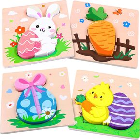 4 Pack Easter Wooden Puzzles for Kids Toddlers Wooden Jigsaw Puzzles Easter Wood Toys for Basket Stuffers Egg Hunt Learning Educational Gifts Party Favors Classroom Prize