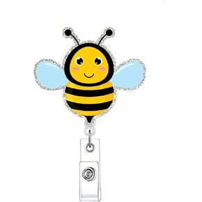 Spring Cute Bee Nurse Badge Reel Retractable Glitter Colorful Name Tag Acrylic Alligator Clip Summer ID Badge Holder for Nurse Work Teacher RN Student Cop Office Doctor Staff Cute Badge Clip