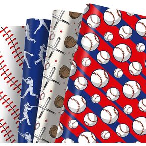 12 ورقة ورقة البيسبول رياضية مجموعة 4 Red Blue White Design Design Sports Gift Wrappall Paper Paper Paper Plant Plant For Baseball موضوع عيد ميلاد ، 20 '× 27' ' in Kuwait