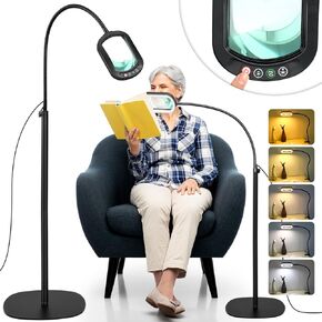 10X Rectangular Magnifying Glass with Light and Stand, 24" Flexible Gooseneck Floor Lamp, 3-in-1 LED 5 Color Modes, Brightness Stepless Dimmable Lighted Magnifier Hands Free for Craft, Hobby, Reading