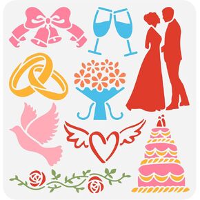 FINGERINSPIRE Wedding Stencil 11.8x11.8inch Reusable Bride and Groom Ring Rose Bells Champagne Doves Cake Flowers Love Hearts Drawing Stencil Wedding Theme Stencil for Painting on Wall Wood Furniture