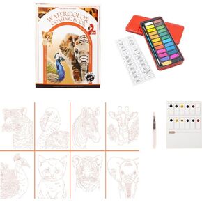 5x7'' Portable Watercolor Coloring Book for Adults DIY Stress Relief Foldable Watercolor Painting Book with 24-Color Solid Watercolor Paint Set Animal Watercolor Painting Pad