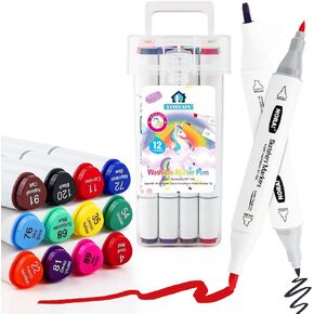 Lorvain Super Washable Markers for kids, 12 Colors Dual Tip Washable Markers Set, Fine & Broad Tip Markers, Coloring Markers for School, Kids Art Supplies with Carrying and Storage Case