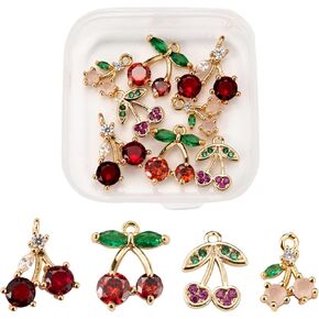 BEEFLYING 8pcs Red Rhinestone Cherry Charms Gold Plated Cubic Zirconia Pendants Dangle Fruit Charms for Bracelets Earrings Necklaces jewelry Making DIY Craft Supplies